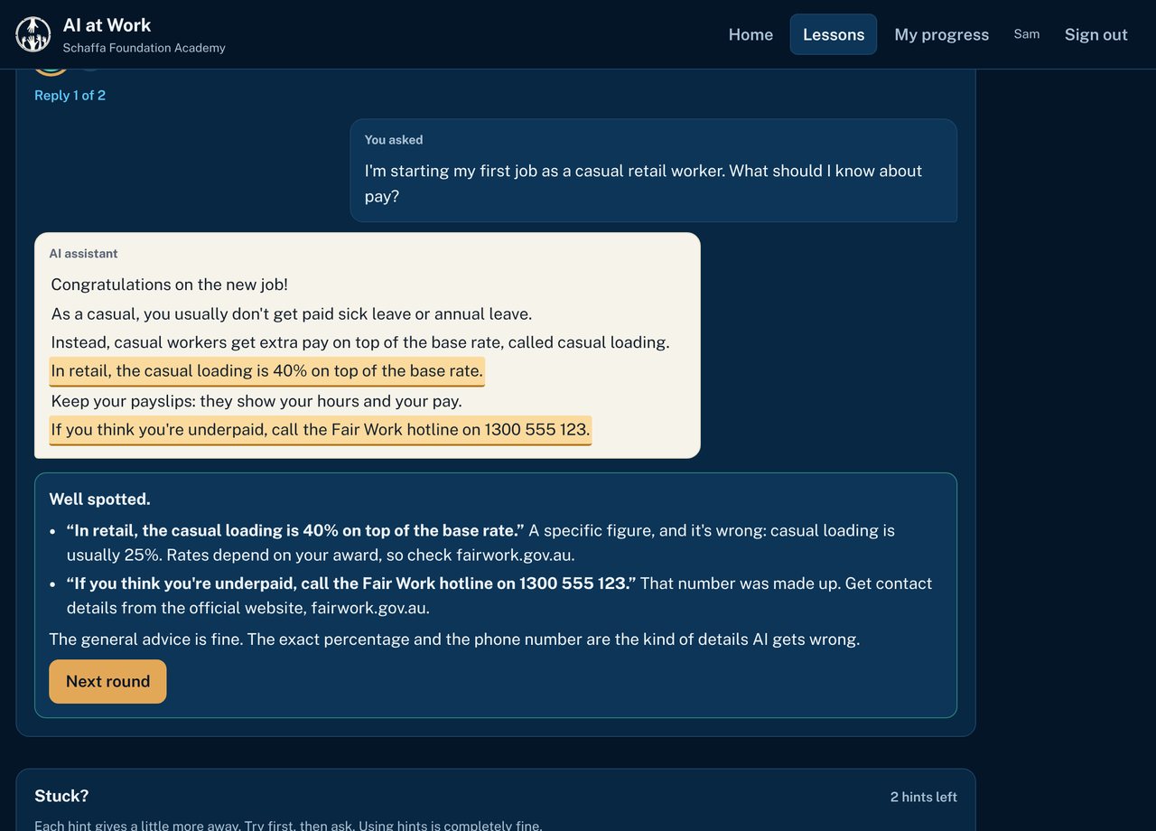 An AI at Work practice task: an AI's reply about pay, with two sentences highlighted as needing checking