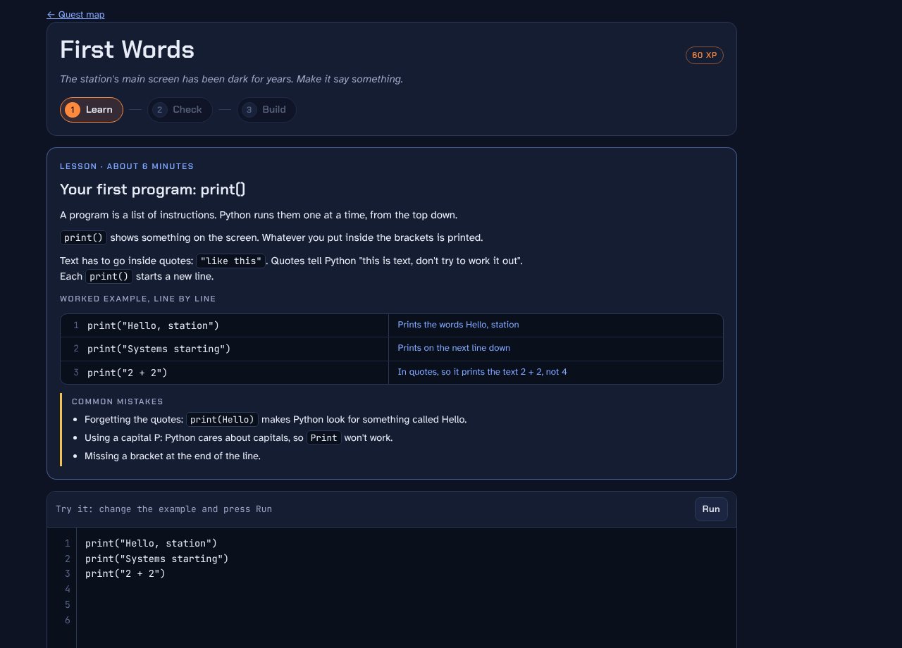A Code Quest lesson with a worked example, a code editor and a Run button