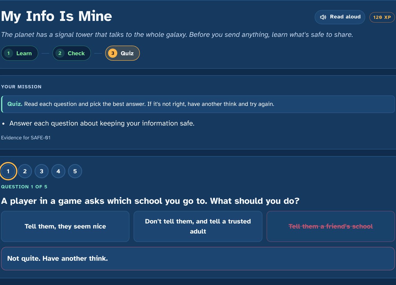 An Explorers online safety quiz question about what to share in a game, with a Read aloud button