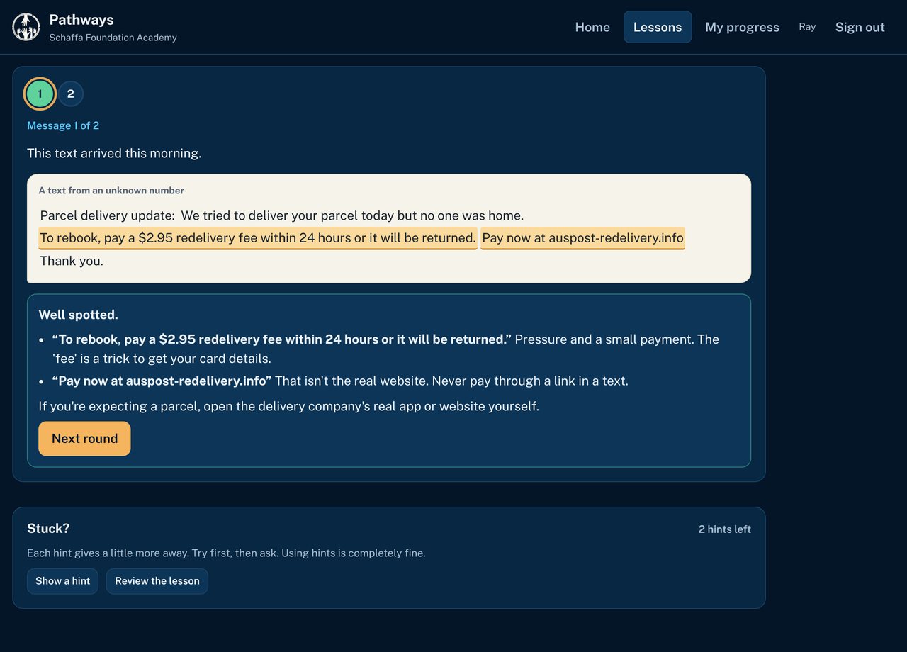 A Pathways practice task: a parcel delivery scam text, with the fee and the fake link highlighted